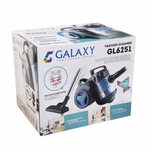 Пылесос Galaxy GL 6251  Пылесос 1700Вт, 5-ступенчатая система фильтрации (мультициклонный моющийся фильтр, микропоролоновый фильтр, трехслойный х/б фильтр), функция обдува, мощность всасывания  500 Вт