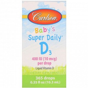 Carlson Labs, Super Daily, витамин D3 для детей, 10 мкг (400 МЕ), 10,3 мл (0,35 жидк. унций)