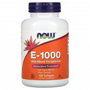 Now Foods, E-1000, витамин E со смешанными токоферолами, 670 мг (1000 МЕ), 100 капсул