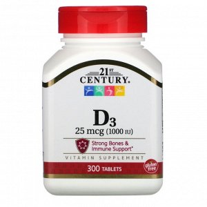 21st Century, Витамин D3, 25 мкг (1.000 МЕ), 300 таблеток