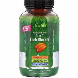 Irwin Naturals, 3-in-1 Carb Blocker, блокатор углеводов 3-в-1, максимальный эффект, 150 желатиновых капсул