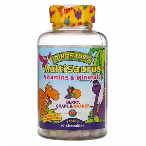 KAL, MultiSaurus, витамины и минералы, со вкусом ягод, винограда и апельсина, 90 жевательных таблеток