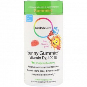 Rainbow Light, Sunny Gummies, витамин D3, терпкий мандарин и апельсин, для детей возрастом от 4 лет, 400 МЕ, 60 жевательных конфет