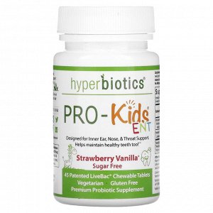 Hyperbiotics, PRO-Kids ENT, без сахара, клубника и ваниль, 45 жевательных таблеток LiveBac