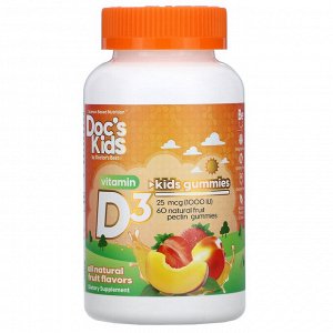 Doctor's Best, Doc's Kids, жевательные таблетки с витамином D3, полностью натуральные фруктовые ароматизаторы, 25 мкг (1000 МЕ), 60 жевательных таблеток с натуральным фруктовым пектином