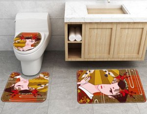 Набор ковров для ванной комнаты 3 в 1(ковер для ванной, ковер для туалета, чехол на крышку унитаза), принт "Азиатская женщина"