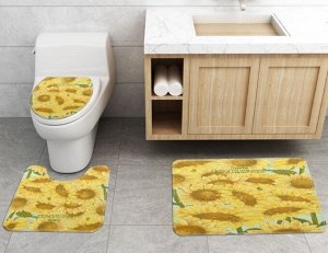 Набор ковров для ванной комнаты 3 в 1(ковер для ванной, ковер для туалета, чехол на крышку унитаза), принт "Подсолнухи"