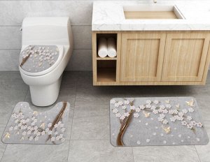 Набор ковров для ванной комнаты 3 в 1(ковер для ванной, ковер для туалета, чехол на крышку унитаза), принт "Сакура"