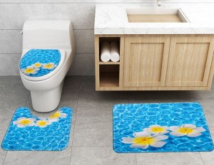 Набор ковров для ванной комнаты 3 в 1(ковер для ванной, ковер для туалета, чехол на крышку унитаза), принт "Плюмерия"