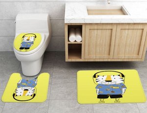 Набор ковров для ванной комнаты 3 в 1(ковер для ванной, ковер для туалета, чехол на крышку унитаза), принт "Тигр в наушниках", цвет желтый