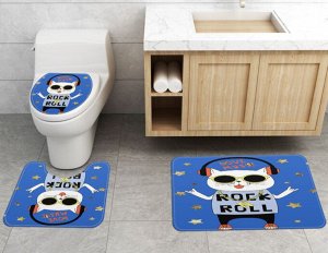 Набор ковров для ванной комнаты 3 в 1(ковер для ванной, ковер для туалета, чехол на крышку унитаза), принт "Кот в наушниках", цвет синий