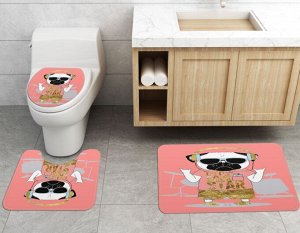 Набор ковров для ванной комнаты 3 в 1(ковер для ванной, ковер для туалета, чехол на крышку унитаза), принт "Мопс", цвет розовый