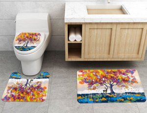 Набор ковров для ванной комнаты 3 в 1(ковер для ванной, ковер для туалета, чехол на крышку унитаза), принт "Осеннее дерево"