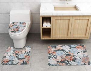 Набор ковров для ванной комнаты 3 в 1(ковер для ванной, ковер для туалета, чехол на крышку унитаза), принт "Цветы"