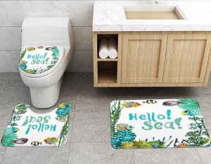 Набор ковров для ванной комнаты 3 в 1(ковер для ванной, ковер для туалета, чехол на крышку унитаза), принт "Рыбки", надпись "Hello sea"