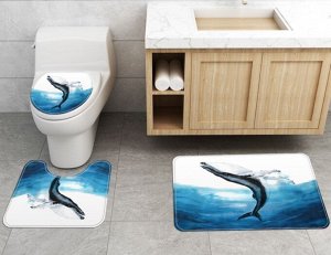Набор ковров для ванной комнаты 3 в 1(ковер для ванной, ковер для туалета, чехол на крышку унитаза), принт "Синий кит"