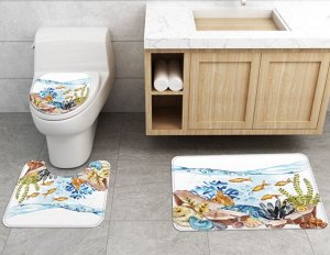 Набор ковров для ванной комнаты 3 в 1(ковер для ванной, ковер для туалета, чехол на крышку унитаза), принт "Подводный мир"
