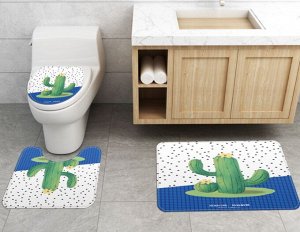 Набор ковров для ванной комнаты 3 в 1(ковер для ванной, ковер для туалета, чехол на крышку унитаза), принт "Кактус", цвет белый/синий