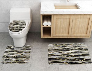 Набор ковров для ванной комнаты 3 в 1(ковер для ванной, ковер для туалета, чехол на крышку унитаза), принт "Мраморные волны", цвет черный/серый