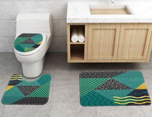Набор ковров для ванной комнаты 3 в 1(ковер для ванной, ковер для туалета, чехол на крышку унитаза), принт "Цветная графика", цвет зеленый