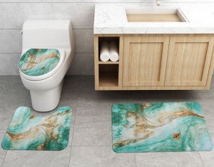 Набор ковров для ванной комнаты 3 в 1(ковер для ванной, ковер для туалета, чехол на крышку унитаза), принт "Мрамор", цвет зеленый