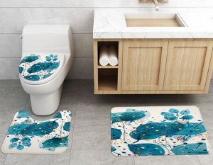 Набор ковров для ванной комнаты 3 в 1(ковер для ванной, ковер для туалета, чехол на крышку унитаза), принт "Синие листья"