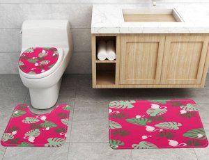 Набор ковров для ванной комнаты 3 в 1(ковер для ванной, ковер для туалета, чехол на крышку унитаза), принт "Тропические листья", цвет розовый