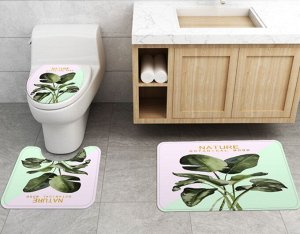 Набор ковров для ванной комнаты 3 в 1(ковер для ванной, ковер для туалета, чехол на крышку унитаза), принт "Тропические листья"