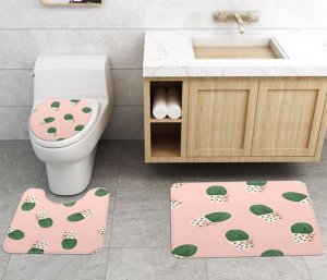 Набор ковров для ванной комнаты 3 в 1(ковер для ванной, ковер для туалета, чехол на крышку унитаза), принт "Кактусы", цвет розовый