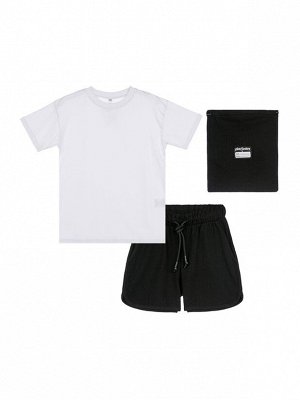 Комплект трикотажный для девочек: футболка, шорты, сумка-мешок черный/белый