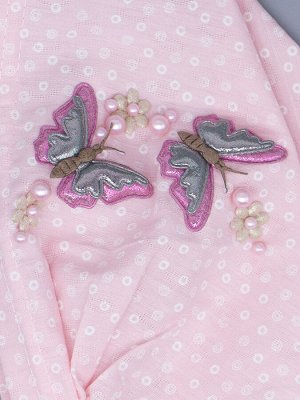 Косынка для девочки на резинке, мелкий горошек, сбоку две розовые бабочки, светло-розовый
