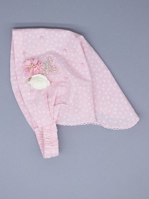 Косынка для девочки на резинке, мелкие горошки, бусинки, бант, розовый и кремовый цветок, розовый