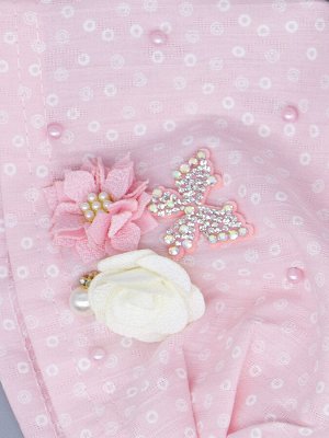 Косынка для девочки на резинке, мелкие горошки, бусинки, бант, розовый и кремовый цветок, розовый
