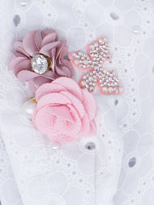 Косынка для девочки на резинке, цветочный узор, бусинки, бант, розовый и пудровый цветок, белый