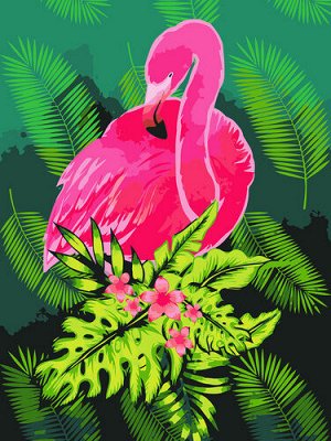 Холст с красками по номерам "Розовый фламинго в листьях"  40*50  см