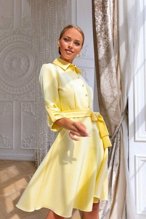 Платье Яркое настроение и сочная лимонная свежесть заключены в платье модели 4887. Классический крой, летящая юбка универсальной длинны.  Отложной воротничок и  необычная застёжка спереди предают обра