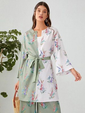Двухцветное кимоно с цветочным принтом и поясом