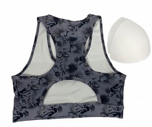 Женский спортивный топ, сзади кармашек для телефона, принт "листья", цвет серый