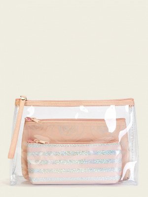 Косметическая сумка с полосатым и цветочным узором 3шт