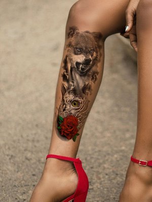 1 лист тату-наклейка с узором цветка и волка