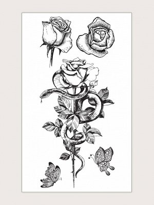 1 лист тату-наклейка с узором розы и змеи
