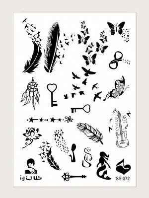 Стикер татуировки с узором 'перо и бабочка' 1 лист
