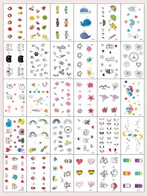 30 листов стикер-тату с цветочным и мультипликационным принтом
