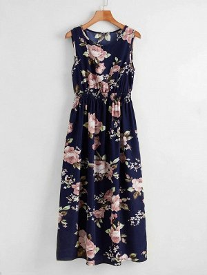 Модное платье с эластичной талией и цветочным принтом