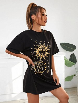 Платье-футболка с принтом солнца и луны