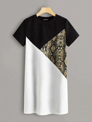 Змеиное контрастное платье-футболка