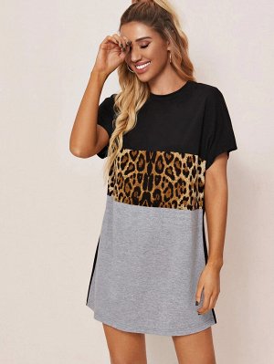 Контратсное леопардовое платье-футболка