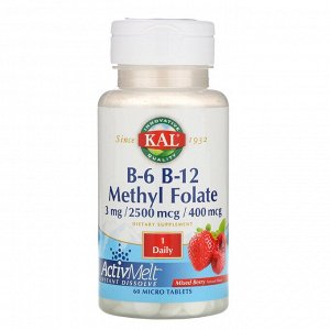 KAL, витамины В6, В12 и метилфолат, ягодное ассорти, 3 мг / 2500 мкг / 400 мкг, 60 микротаблеток