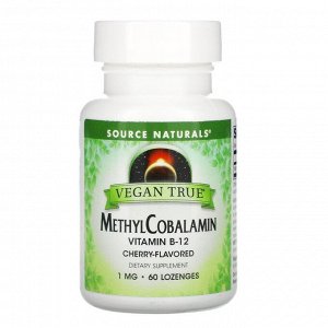 Source Naturals, Vegan True, метилкобаламин и витамин B12, вишня, 1 мг, 60 пастилок
