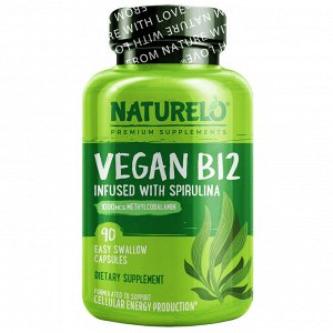 NATURELO, Веганский витамин B12 со спирулиной, 90 капсул, которые можно легко проглотить